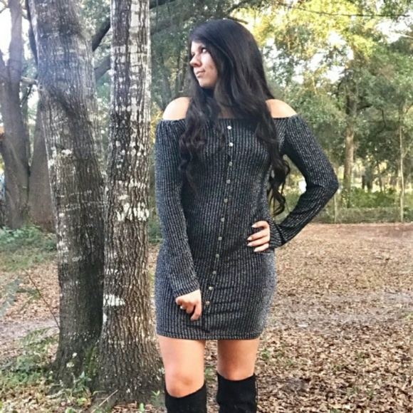 LAST1 Sparkle Black Glitter Off The Shoulder Dress - Picture 5 of 6